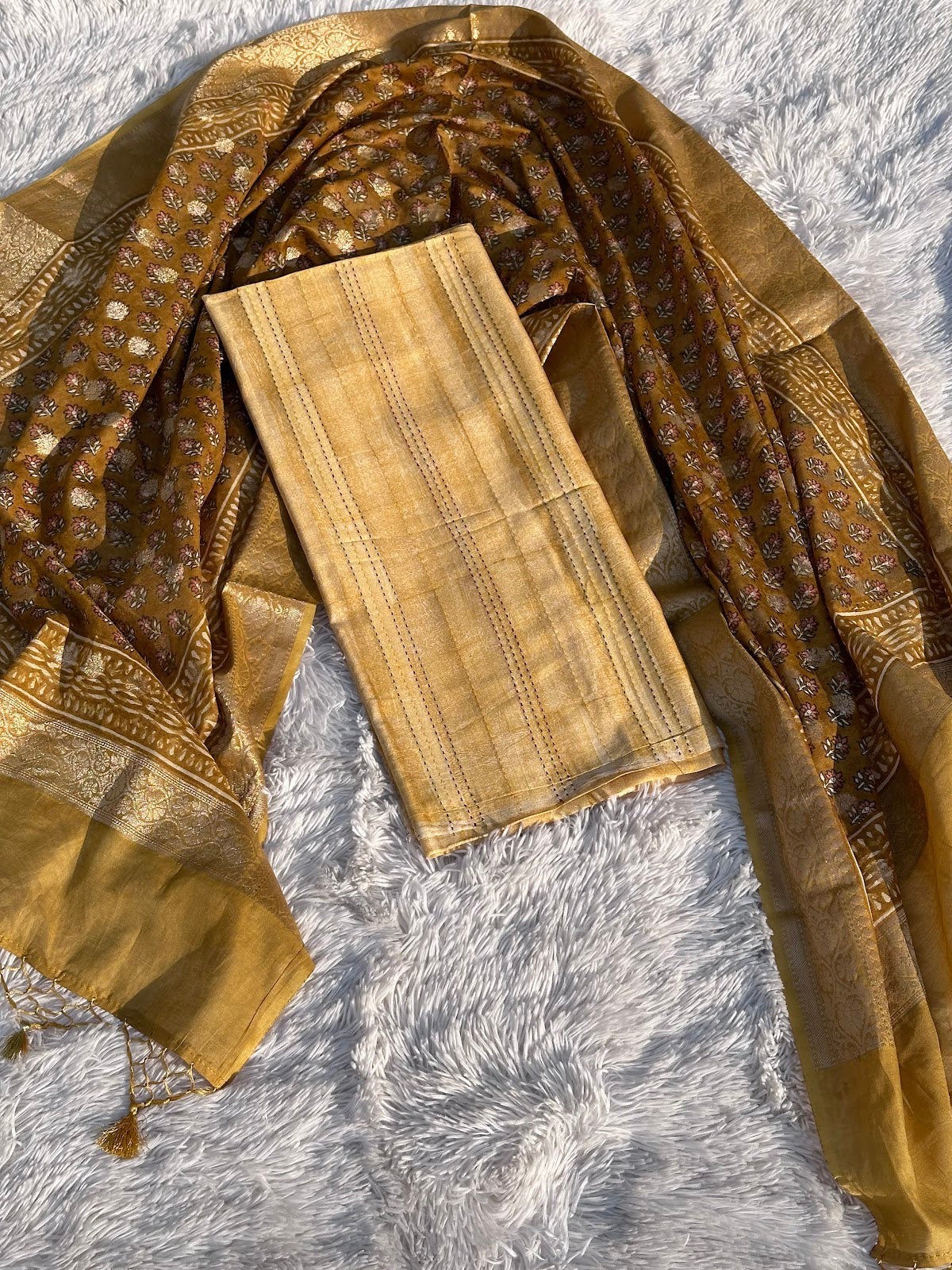 MUSTARD UNSTITCHED SUIT IN MAHESHWARI SILK FABRIC